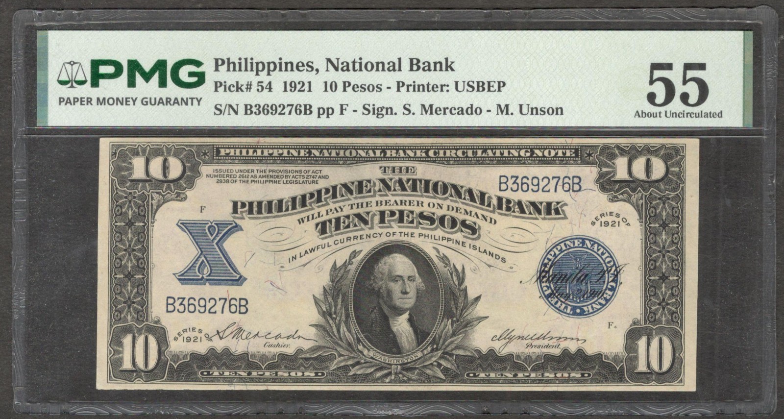 Philippines National Bank 10 Pesos George Washington P-54 1921 aUNC PMG 55