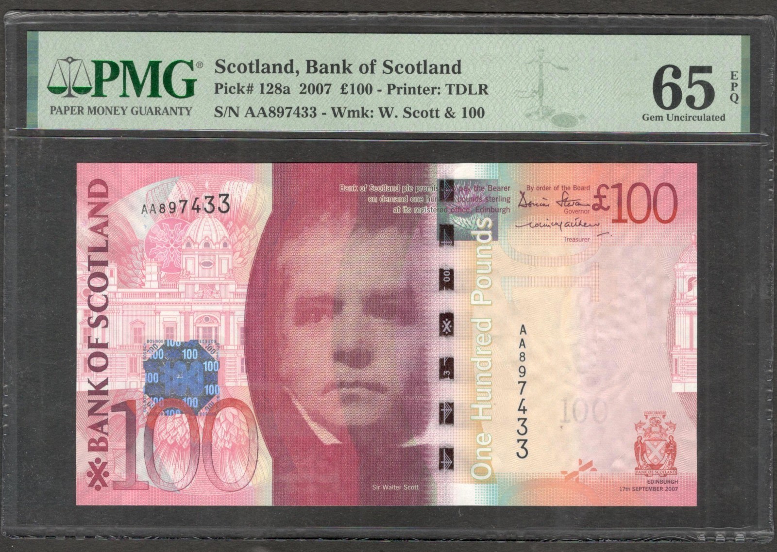 Scotland Bank of 100 Pounds 1st Prefix AA P-128a 2007 PMG 65 EPQ GEM UNC