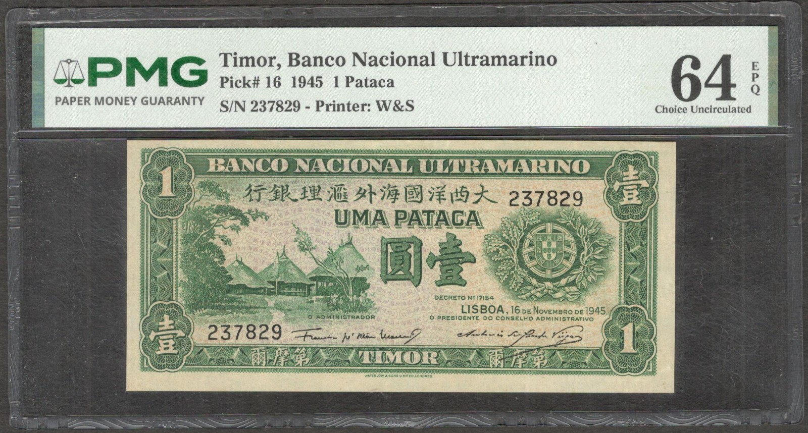 Timor 1 Pataca P-16 1945 PMG 64 EPQ CH UNC Scarce