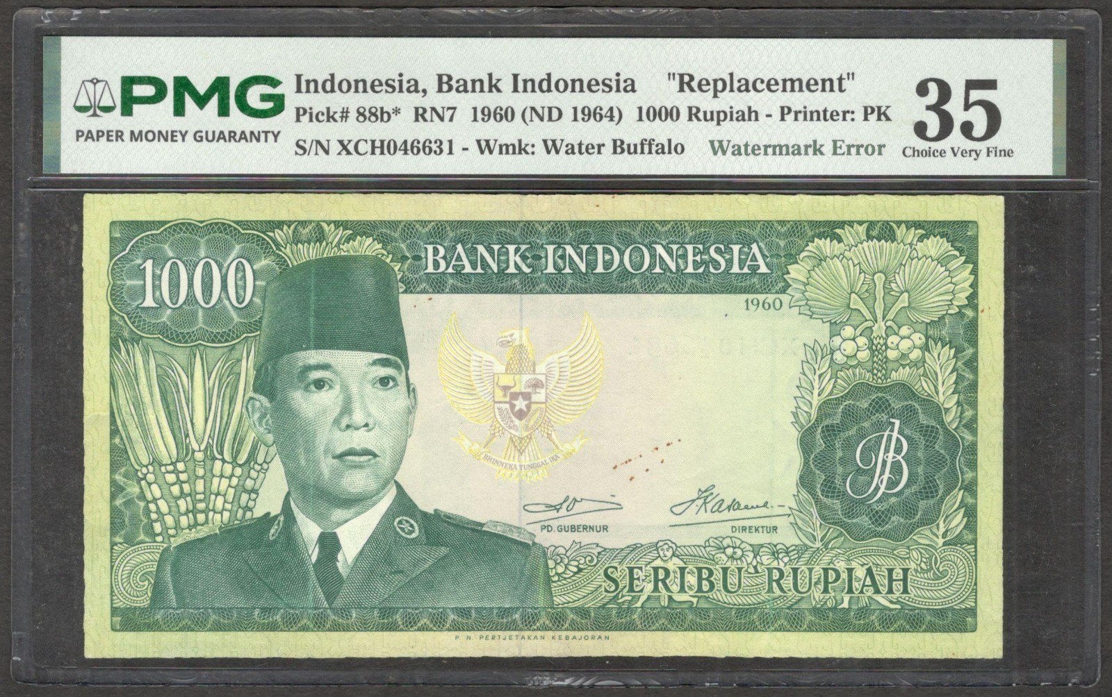 Indonesia 1000 1,000 Rupiah Watermark Error Replacement P-88b* 1960 PMG 35 CH VF