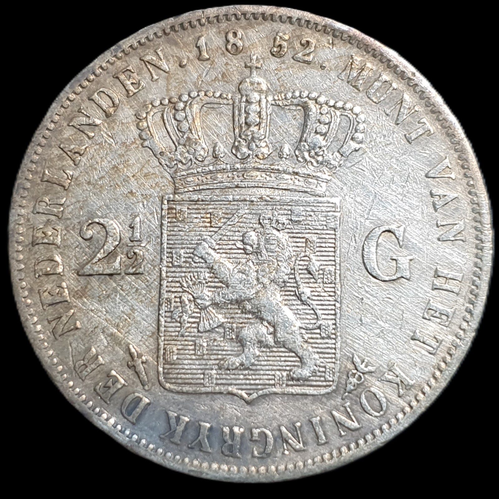 Netherlands 2 1/2 2.5 Gulden Willem William III 1852 VF Sharp Detail - Image 2
