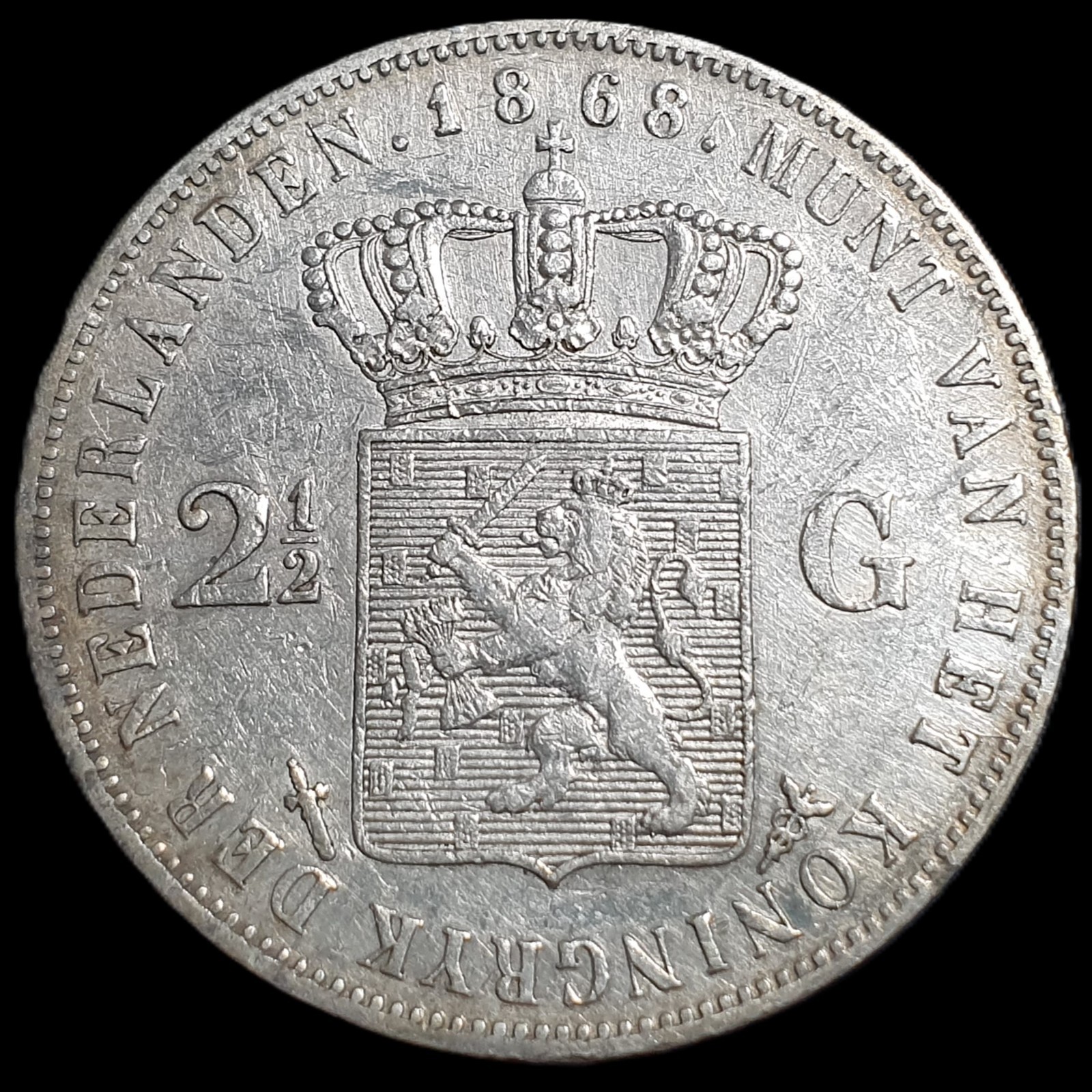 Netherlands 2 1/2 2.5 Gulden Willem William III 1868 VF Sharp Detail - Image 2