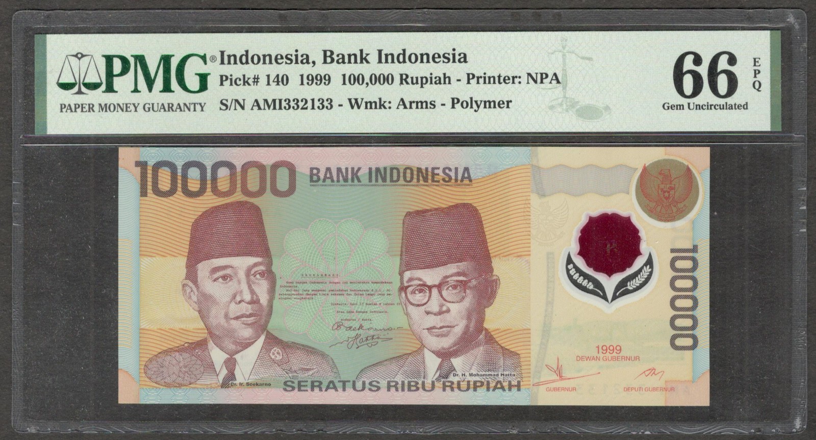 Indonesia 100000 100,000 Rupiah Soekarno & Hatta P-140 1999 PMG 66 EPQ GEM UNC