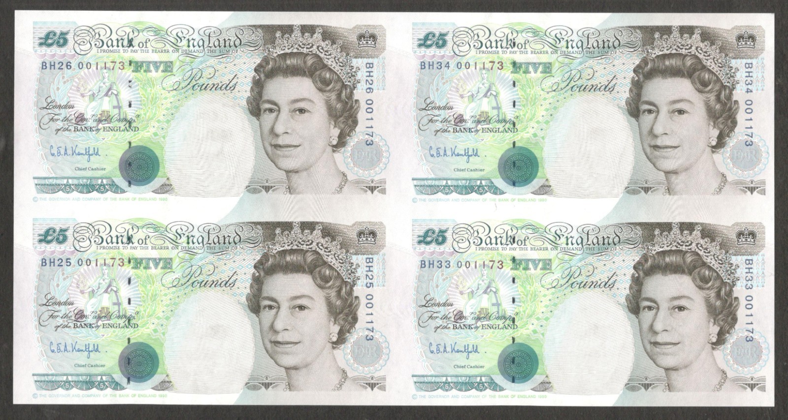 England Bank of 5 Pounds QE II Uncut Sheet 2x2 P-382Aa 1999 - 2002 UNC