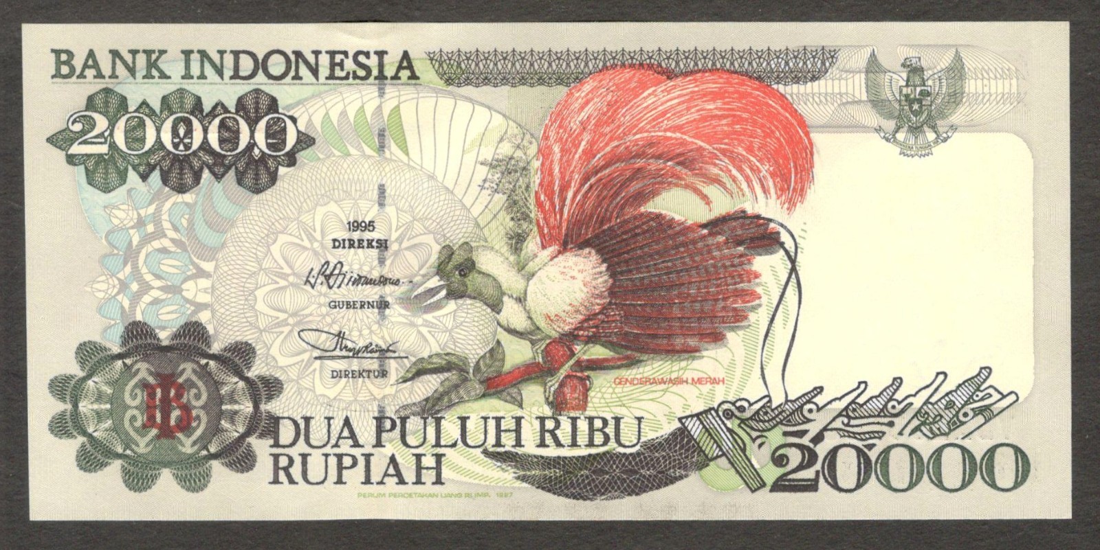 Indonesia 20000 20,000 Rupiah Bird of Paradise P-135c 1997 / 1995 UNC