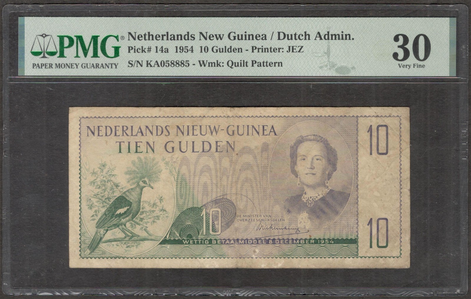 Netherlands New Guinea 10 Gulden Pigeon Queen Juliana P-14a 1954 PMG 30 VF