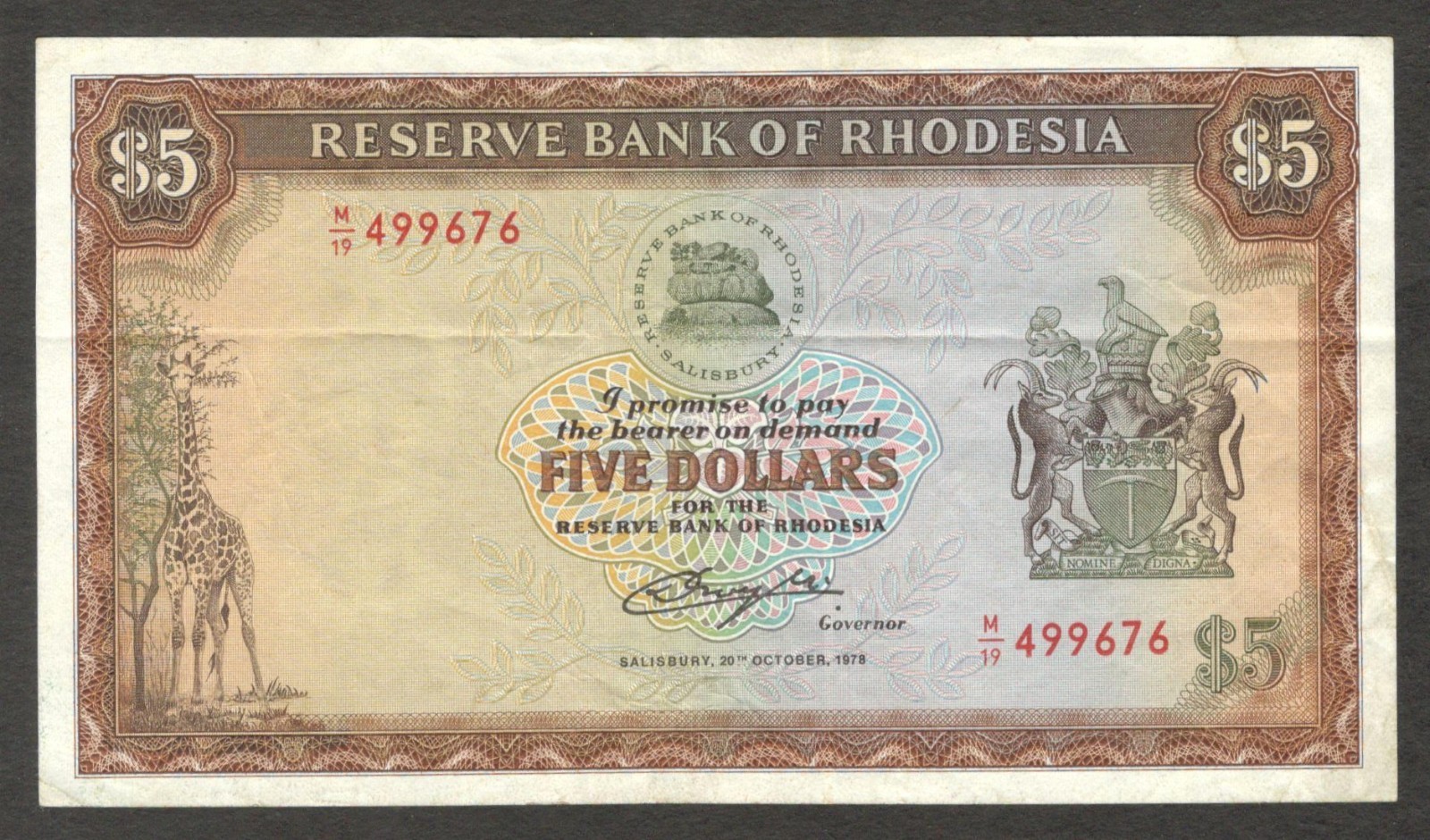 Rhodesia Zimbabwe 5 Dollars Giraffe P-36b 1978 VF+ Crisp Bright Color