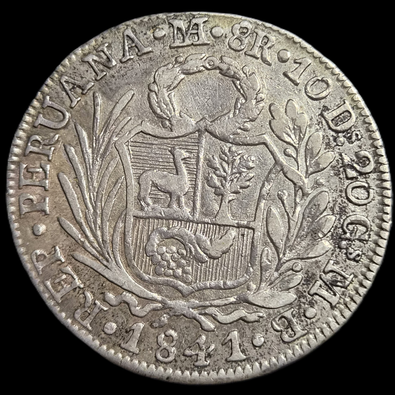 Peru 8 Reales Peruana Standing Liberty 1841 LIMAE MB VF - Image 2