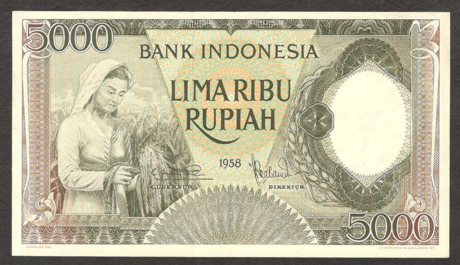 Indonesia 5000 5,000 Rupiah Women & Paddy Replacement P-63* 1958 UNC