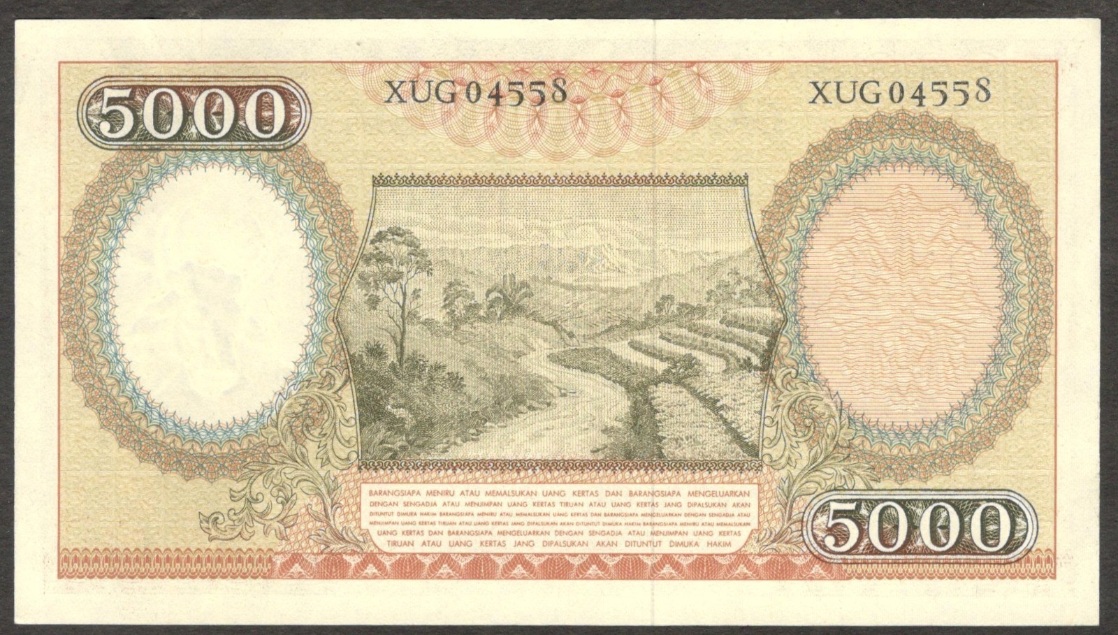Indonesia 5000 5,000 Rupiah Women & Paddy Replacement P-63* 1958 UNC - Image 2