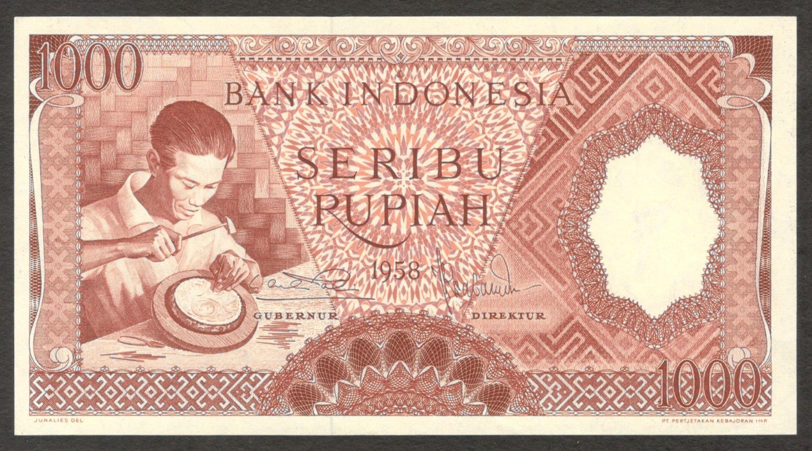 Indonesia 1000 1,000 Rupiah Silversmith Red P-61 1958 UNC-