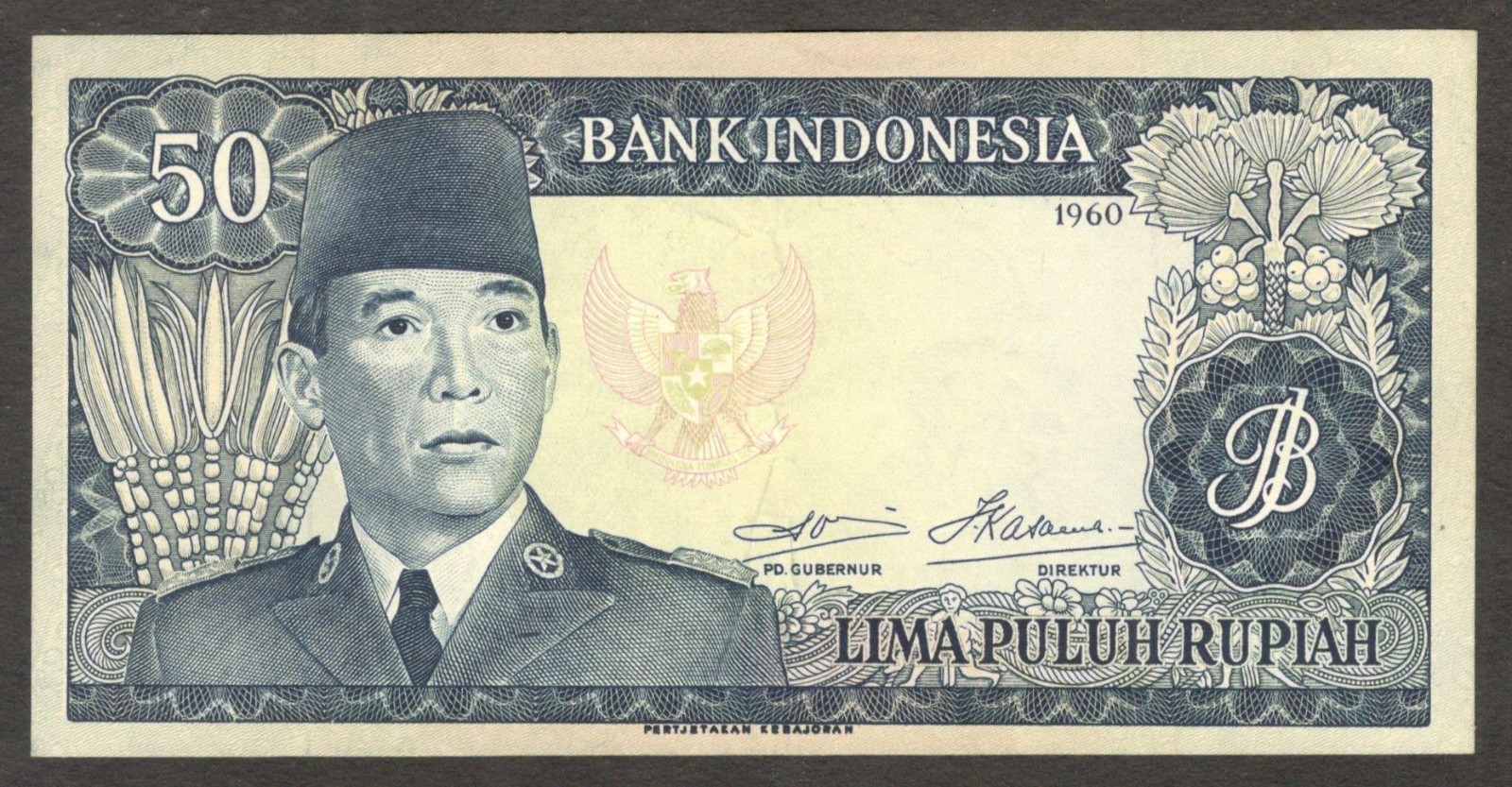 Indonesia 50 Rupiah President Soekarno Watermark Buffalo P-85b 1960 UNC-