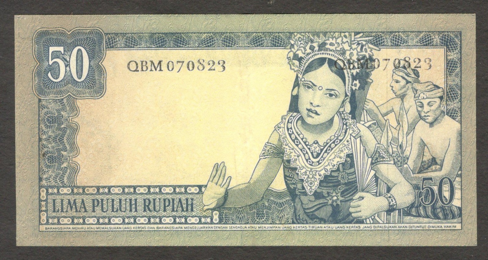 Indonesia 50 Rupiah President Soekarno Watermark Buffalo P-85b 1960 UNC- - Image 2