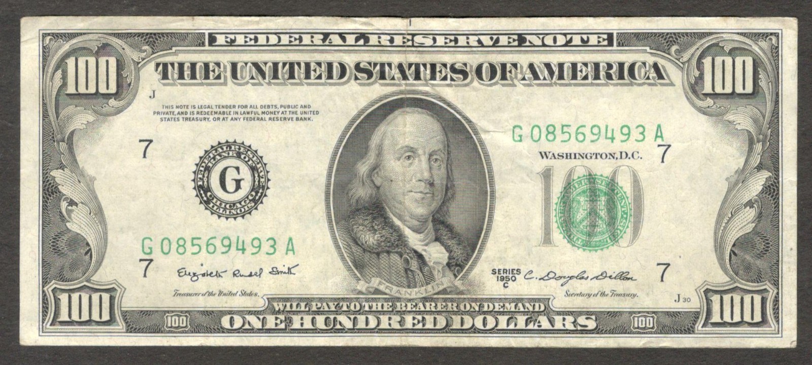 United States America $100 Dollars Green Seal Franklin 1950 C VF Crisp No Tear