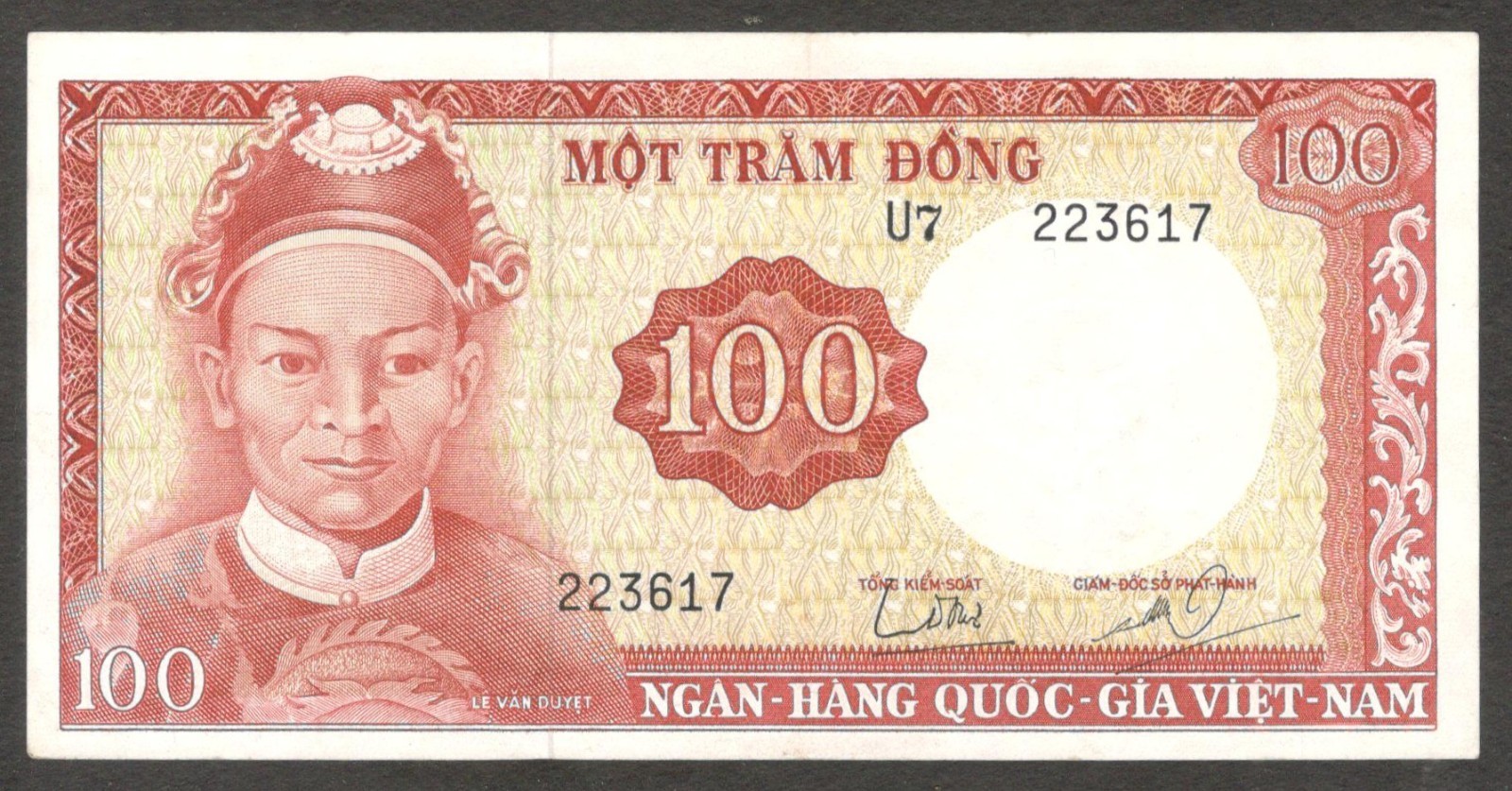 Vietnam South 100 Dong Le Van Duyet Wmk Potrait P-19b 1966 aUNC