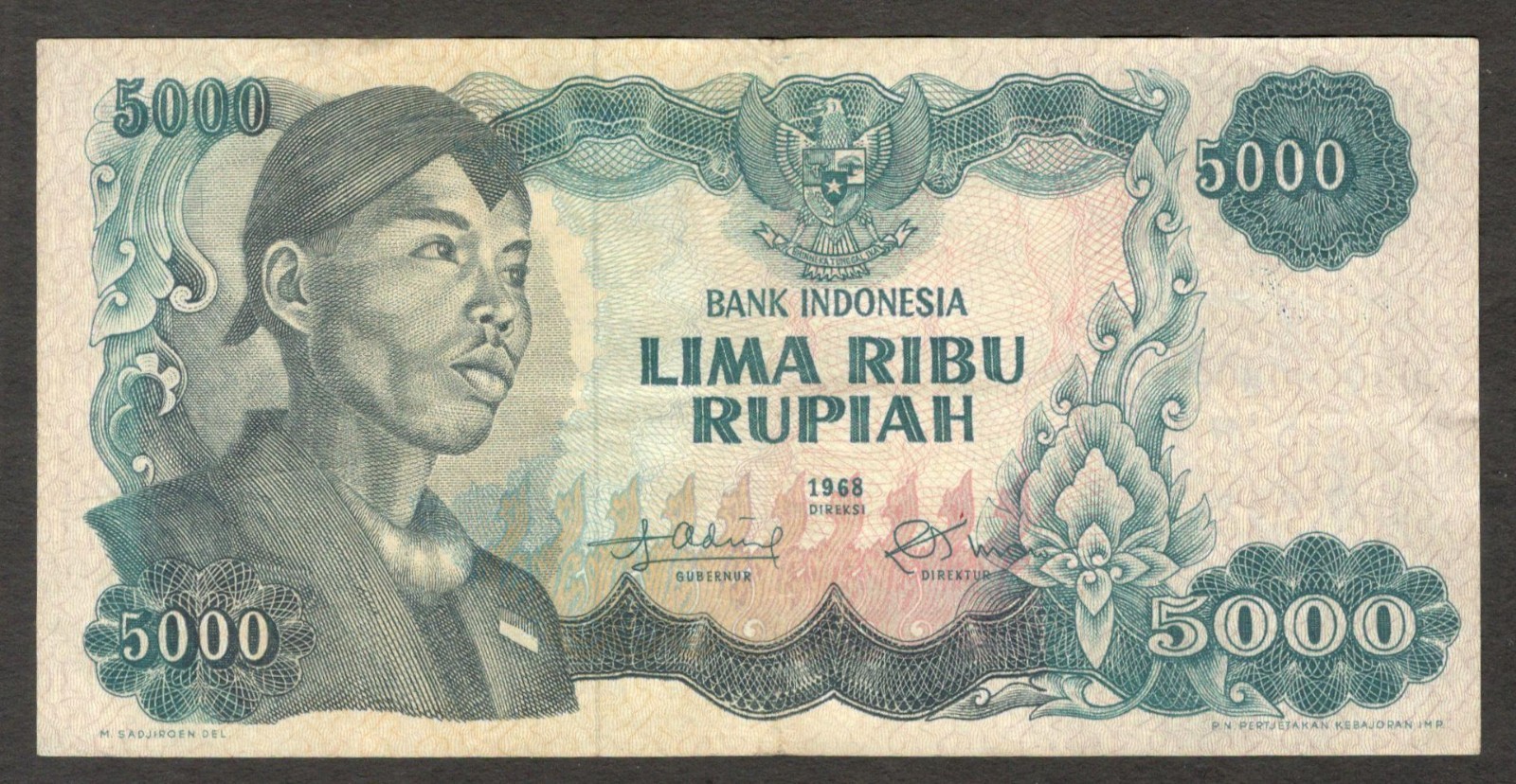 Indonesia 5000 5,000 Rupiah General Soedirman P-111a 1968 VF+ Crisp