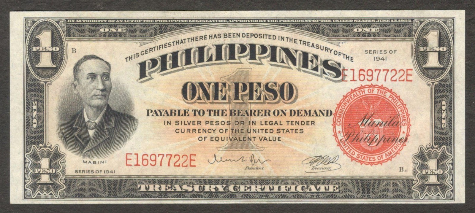 Philippines Treasury Certificate 1 Peso Apolinario Mabini P-89a 1941 UNC