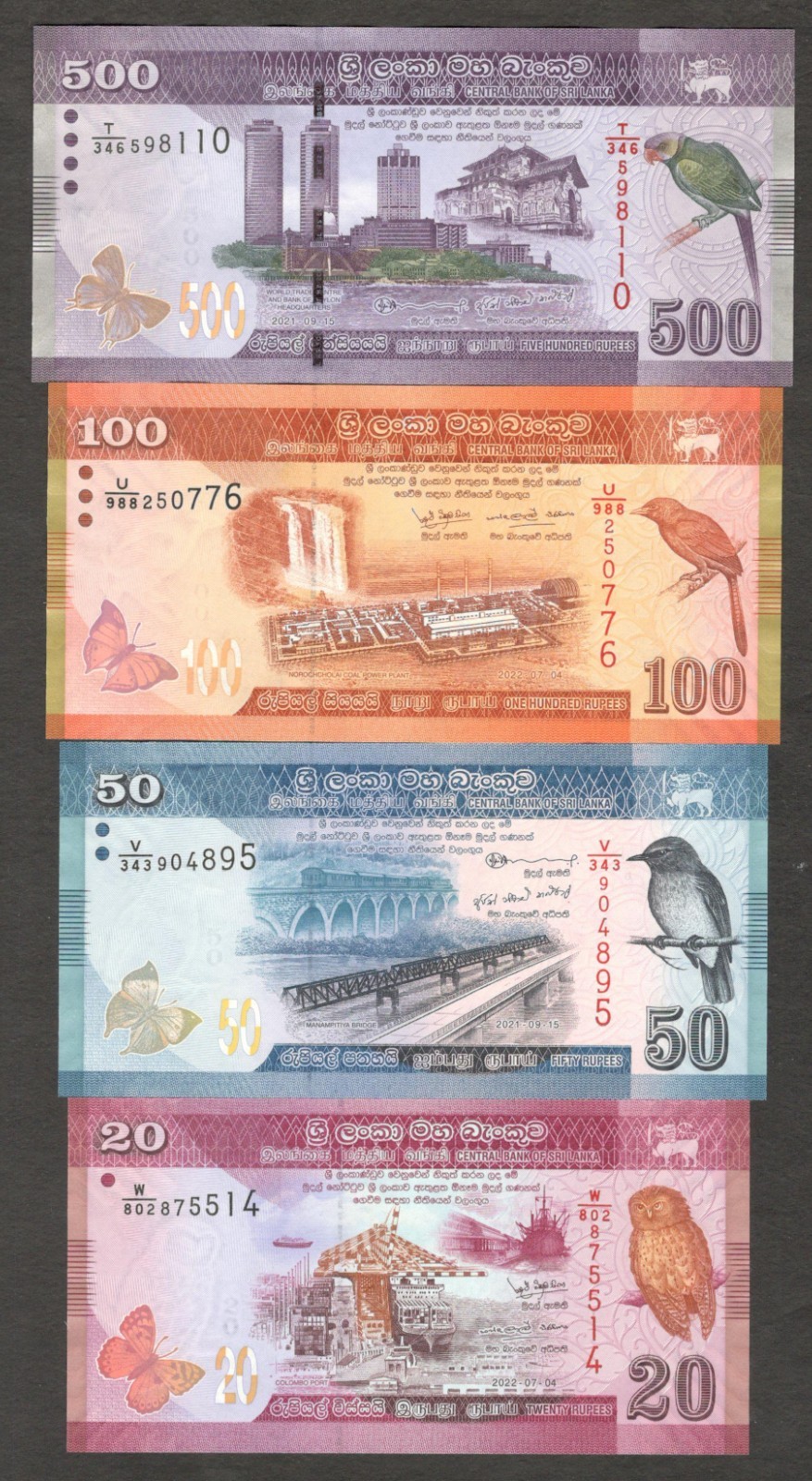 Sri Lanka Set 4 Pcs 20 50 100 500 Rupees BirdColorful P-123 124 125 126 2022 UNC