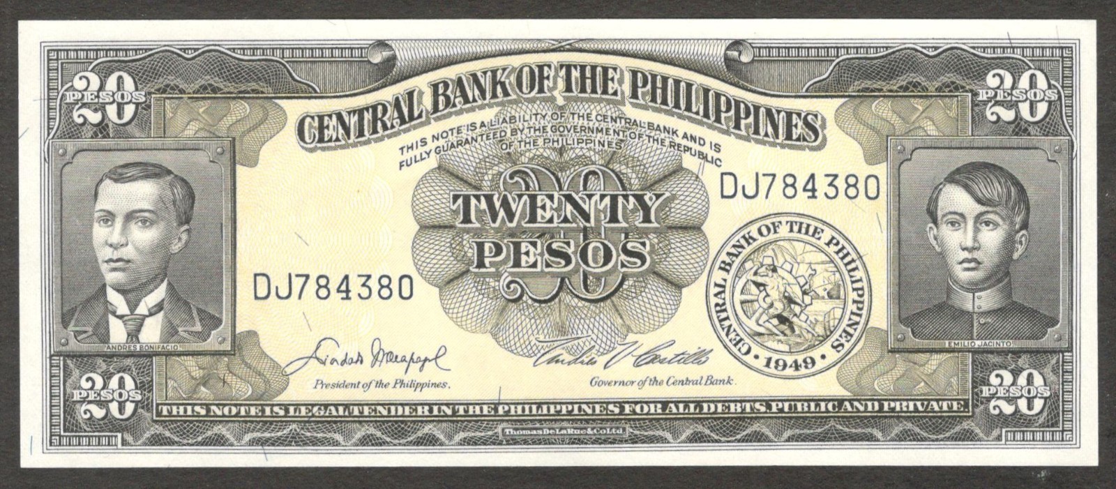Philippines 20 Piso Pesos Macapagal & Castillo P-197b 1949 - 1969 UNC