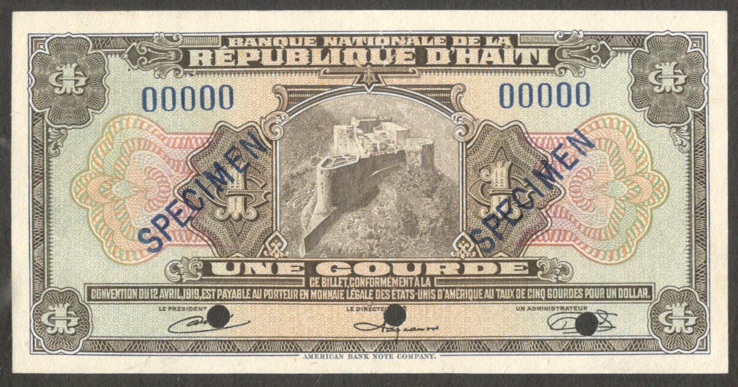 Haiti 1 Gourde Specimen P-178s 1919 UNC Holes