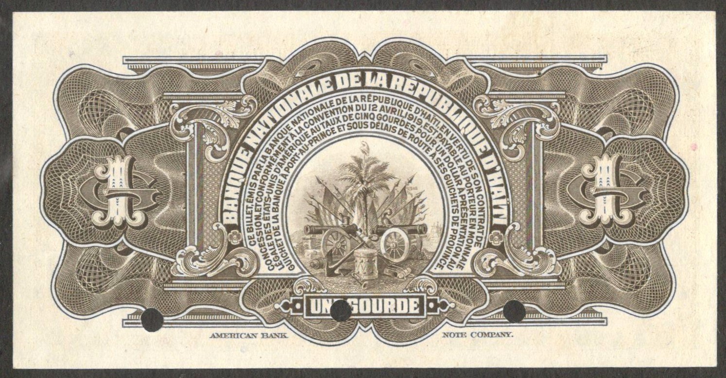 Haiti 1 Gourde Specimen P-178s 1919 UNC Holes - Image 2