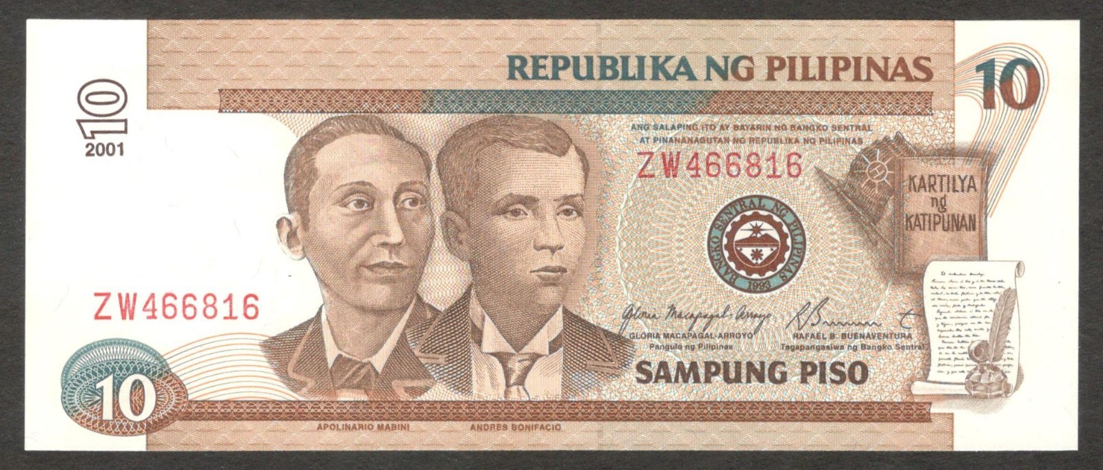 Philippines 10 Piso Pesos Two Portraits Red Serial P-187h 2001 UNC