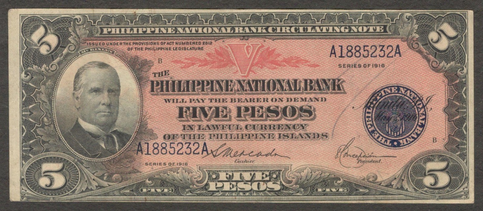 Philippines National Bank 5 Pesos Mercado & Concepcion P-46b 1916 VF+ CrispPaper