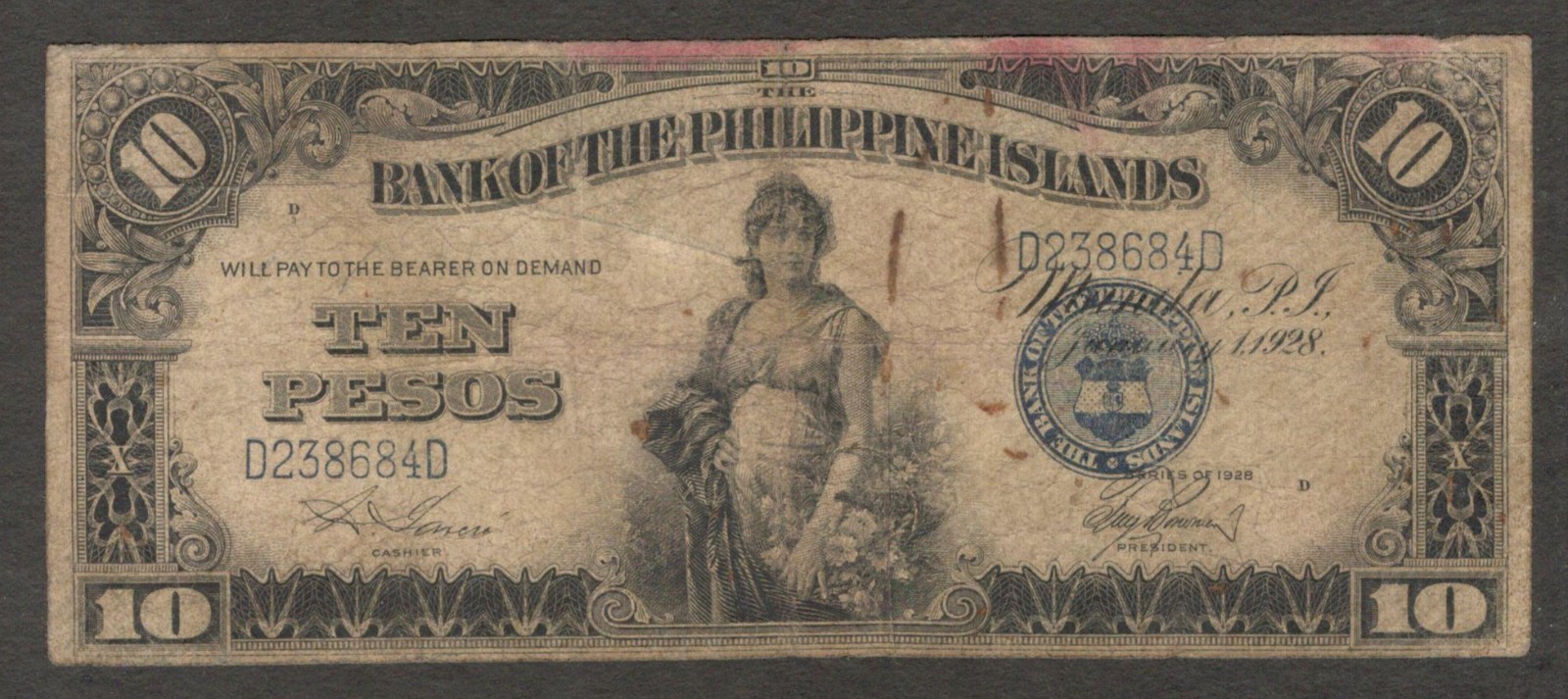 Philippines Bank of Philippine Islands 10 Pesos P-17 1928 Fine