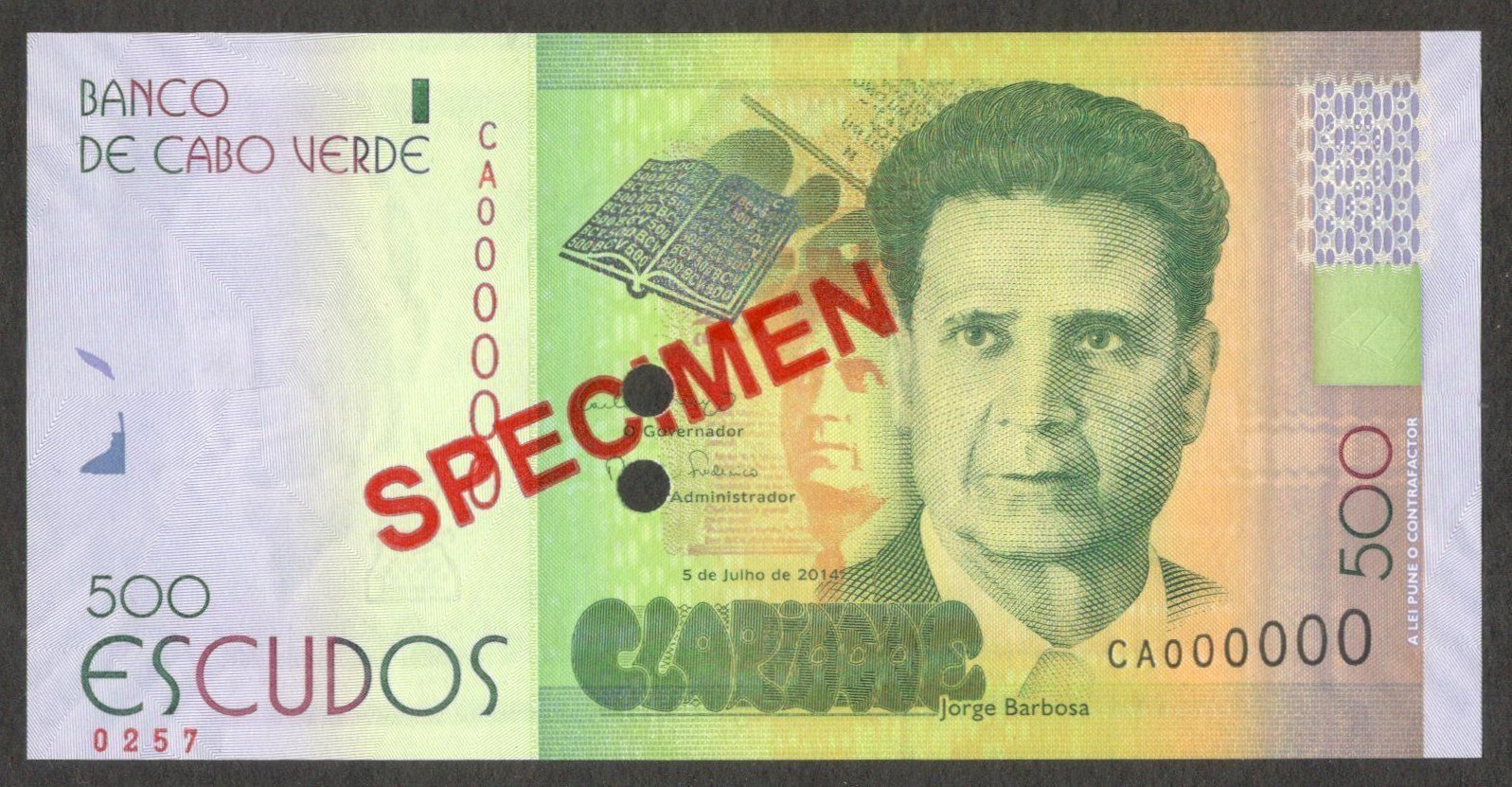 Cabo Cape Verde 500 Escudos Jorge Barbosa Specimen P-72s 2014 UNC