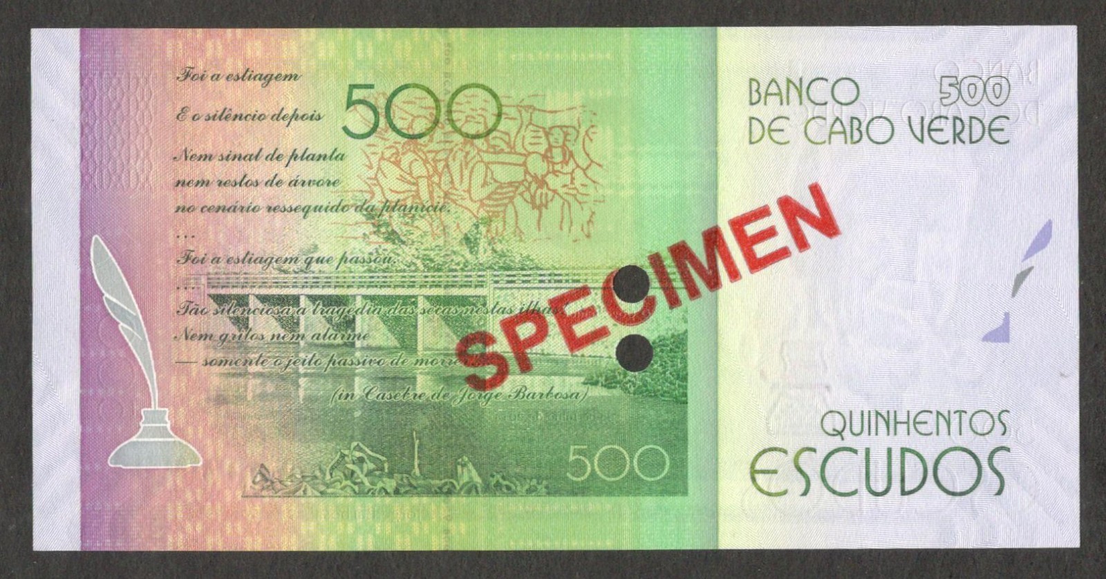 Cabo Cape Verde 500 Escudos Jorge Barbosa Specimen P-72s 2014 UNC - Image 2