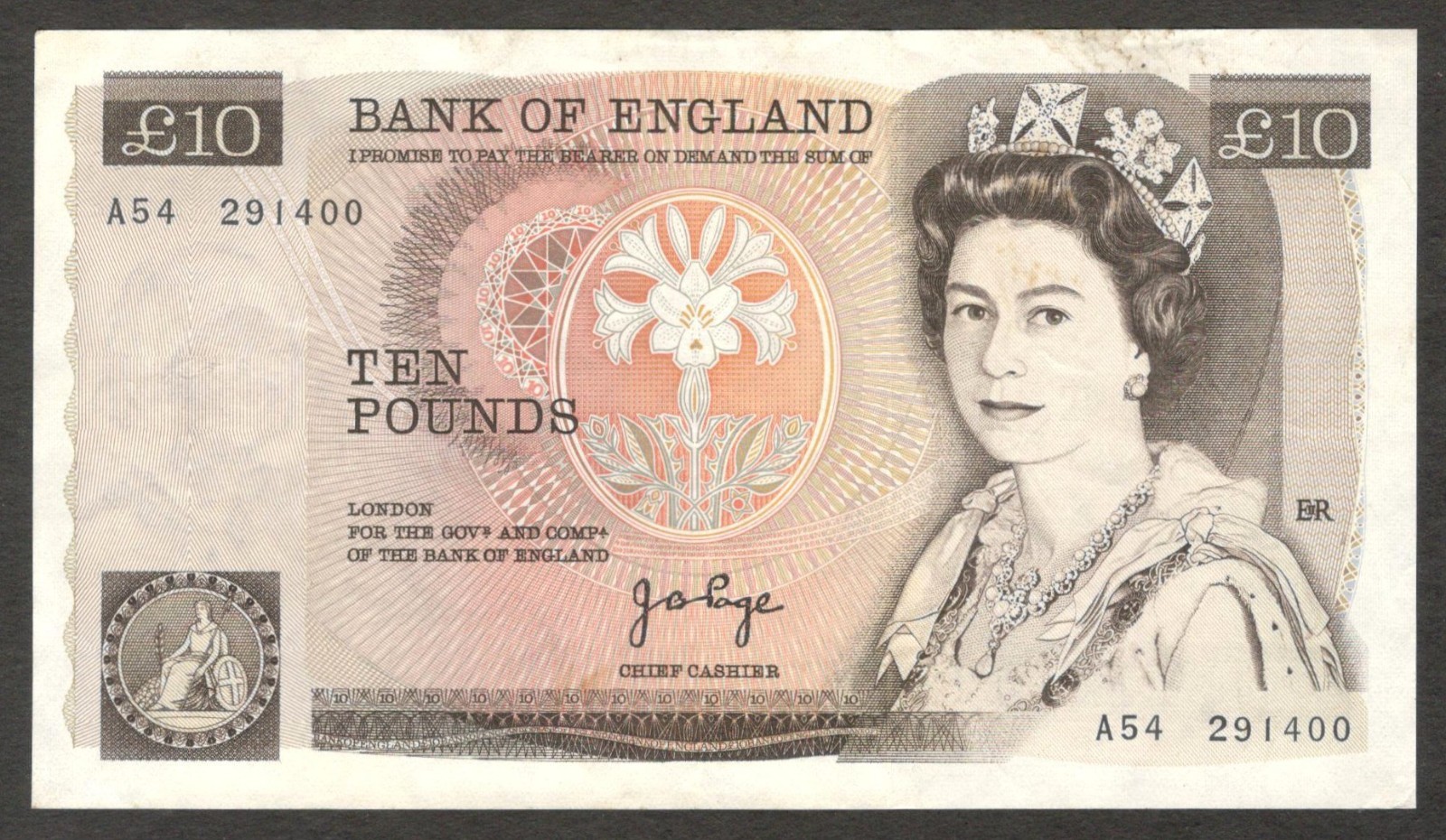 Great Britain 10 Pounds J. B. Page P-379a 1975 - 1980 XF+ Crisp