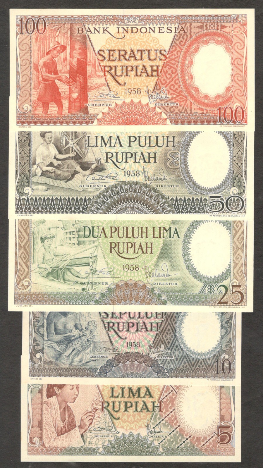Indonesia Set 5 Pcs 5 10 25 50 100 Rupiah Worker P-55 to P-59 1958 UNC NO STAIN