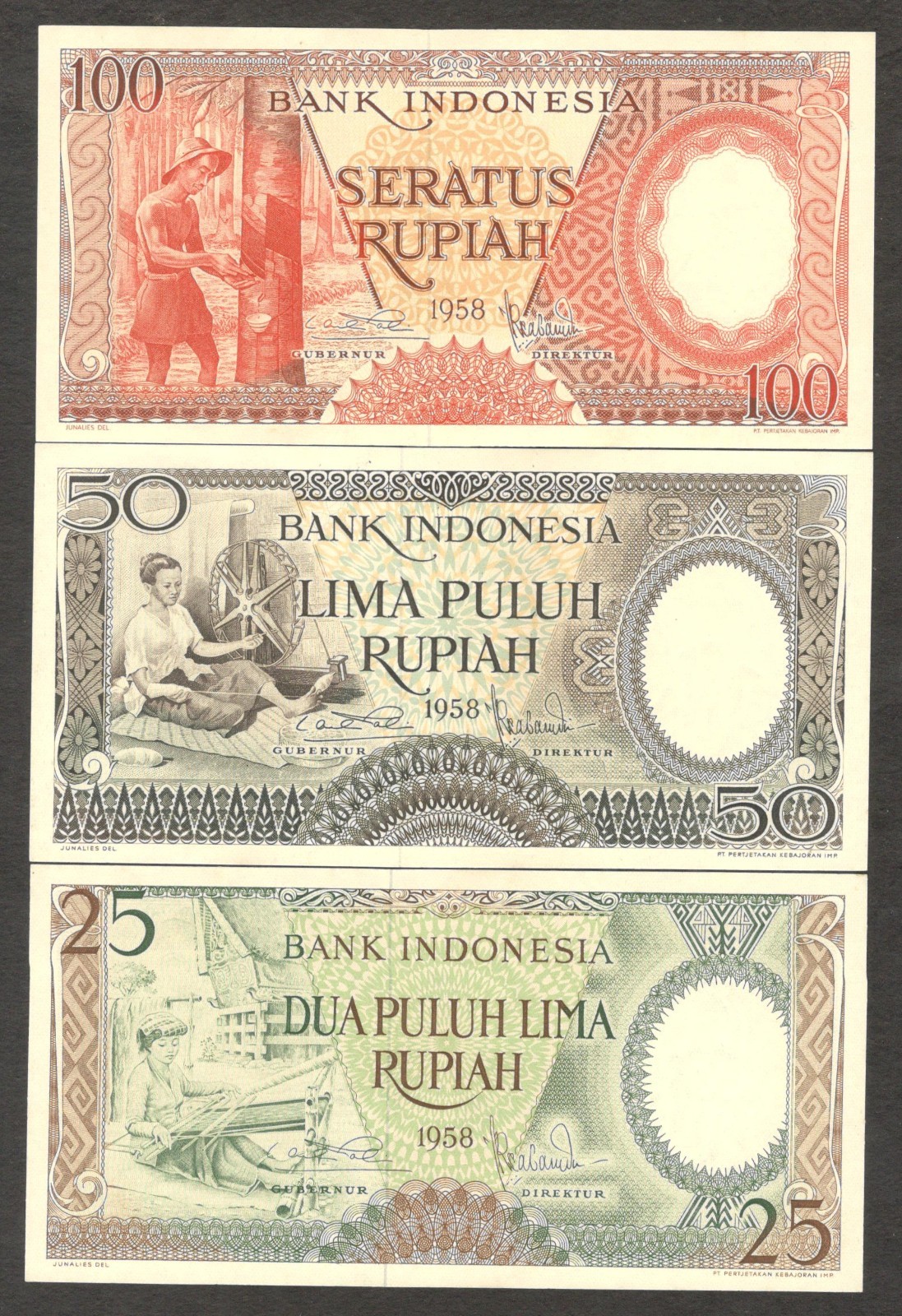 Indonesia Set 5 Pcs 5 10 25 50 100 Rupiah Worker P-55 to P-59 1958 UNC NO STAIN - Image 3