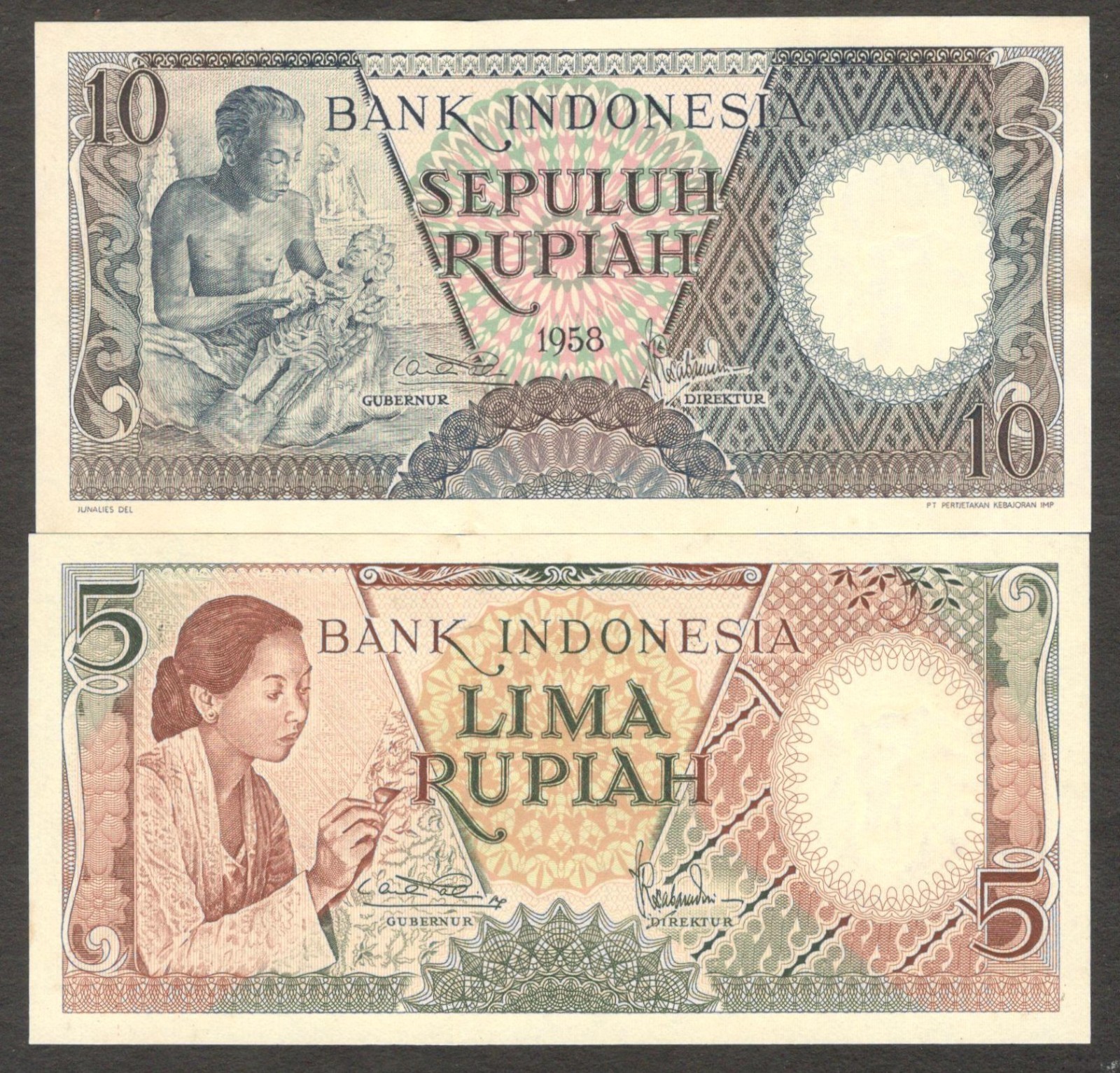 Indonesia Set 5 Pcs 5 10 25 50 100 Rupiah Worker P-55 to P-59 1958 UNC NO STAIN - Image 5