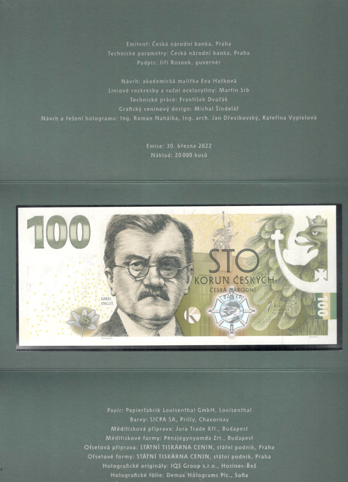Czech Republic 100 Korun Commemorative Karel Englis P-30 2022 UNC Incl Folder