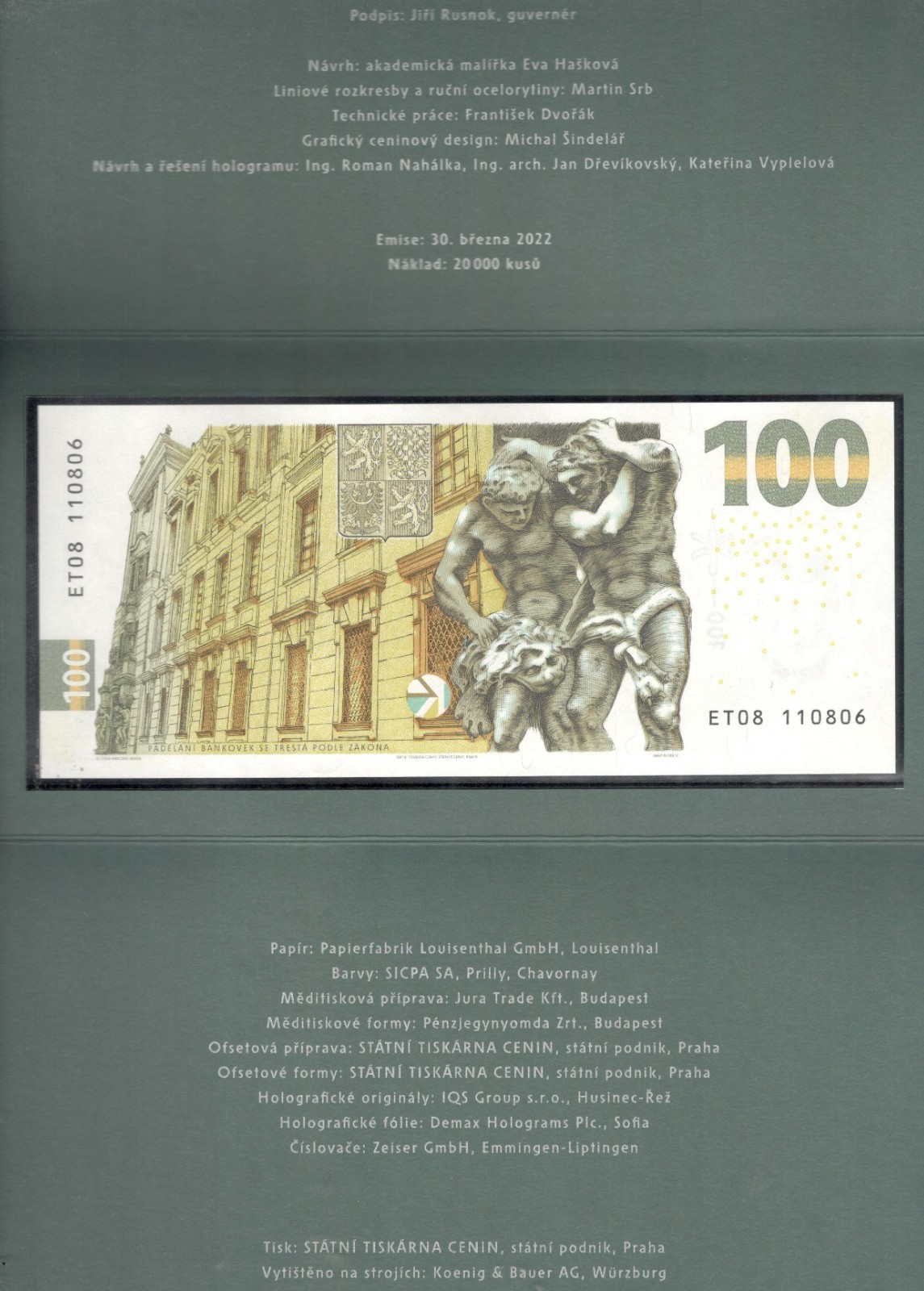 Czech Republic 100 Korun Commemorative Karel Englis P-30 2022 UNC Incl Folder - Image 2