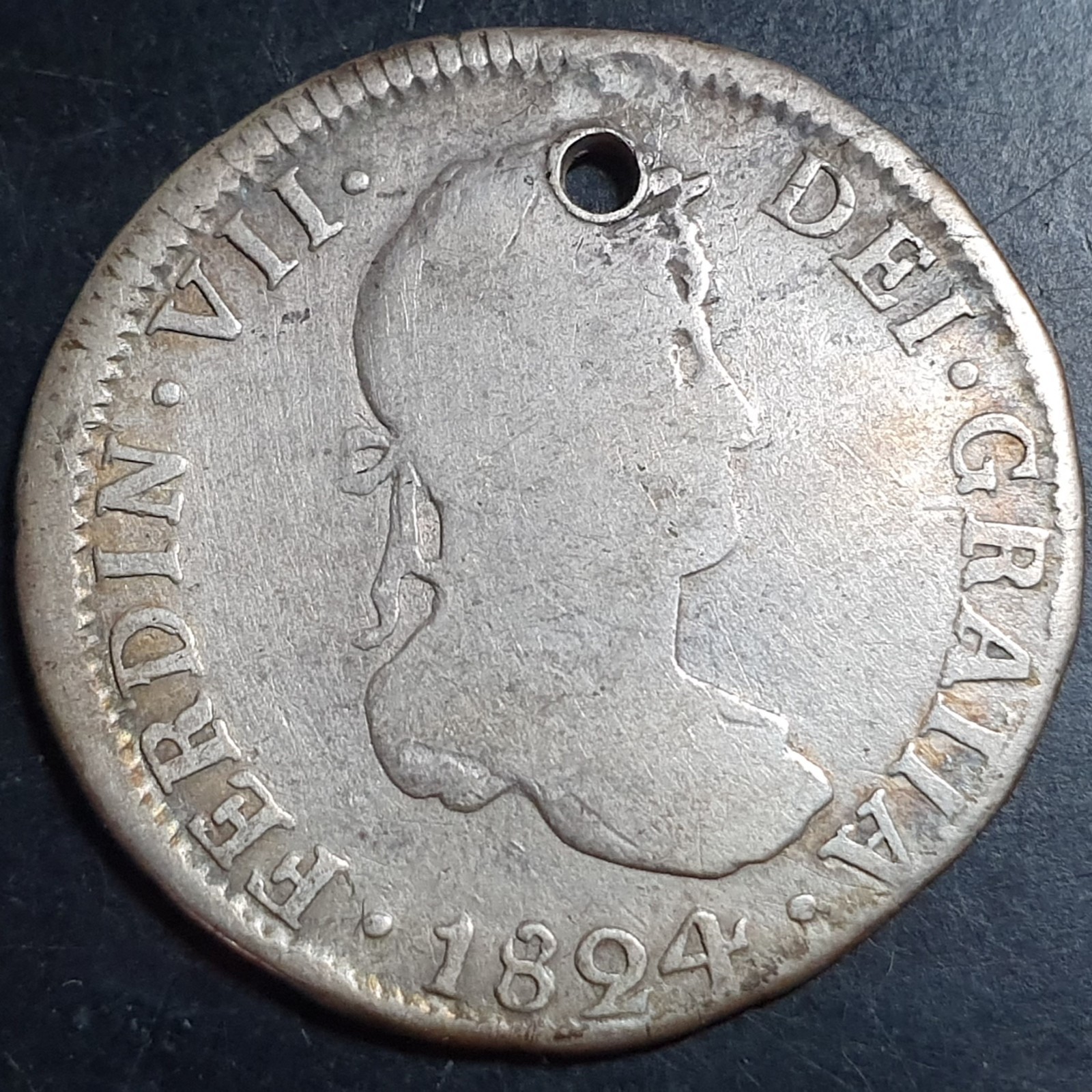 Bolivia Spanish Colonial 2 Reales Ferdin Ferdinand VII 1824 PTS PJ Potosi Mint