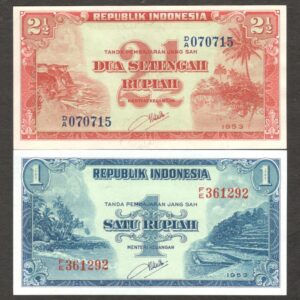 Indonesia Full Set 2 Pcs 1 2 1/2 2.5 Rupiah P-40 P-41 1953 UNC No Stain