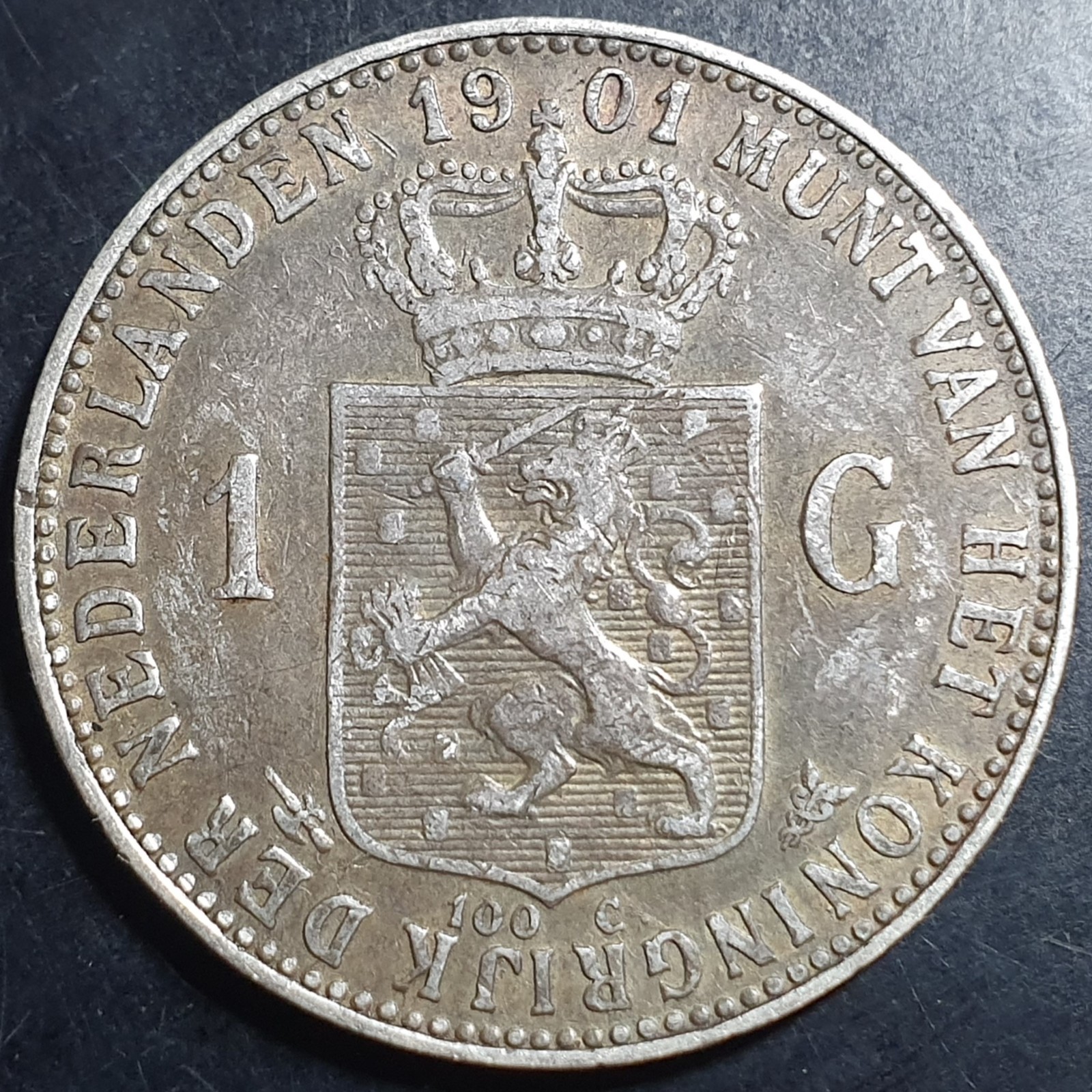 Netherlands 1 Gulden Wilhelmina Crown 1901 XF Original - Image 2