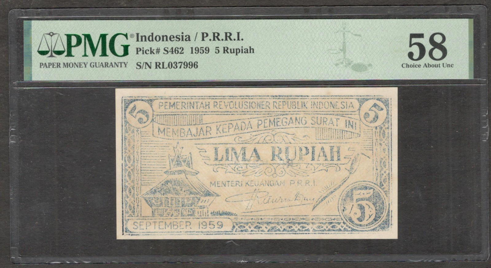Indonesia 5 Rupiah Blue Rebellion Revolutionary P-S462 1959 PMG 58 Ch AUNC