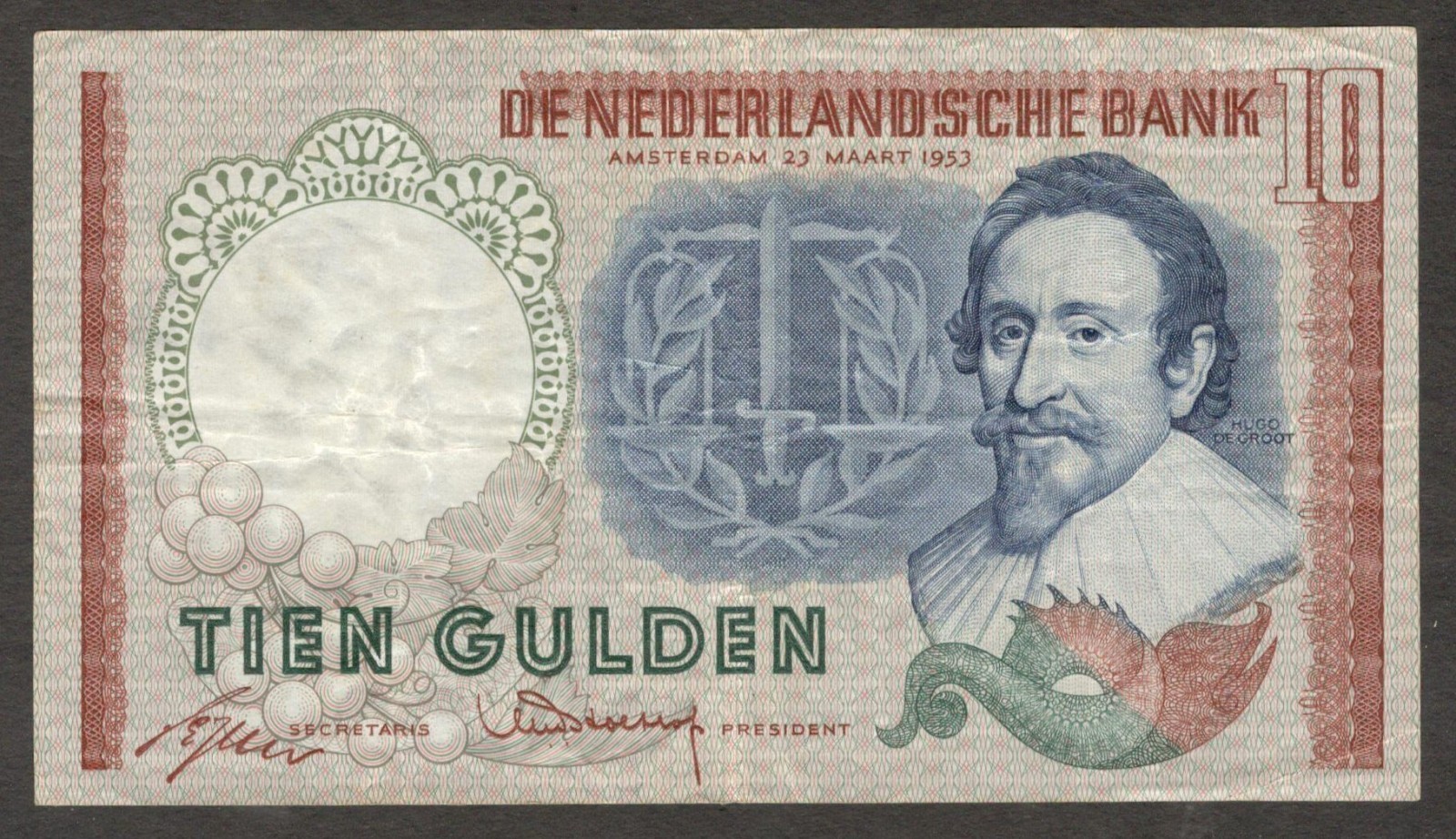 Netherlands 10 Gulden Hugo de Groot P-85 1953 VF Crisp