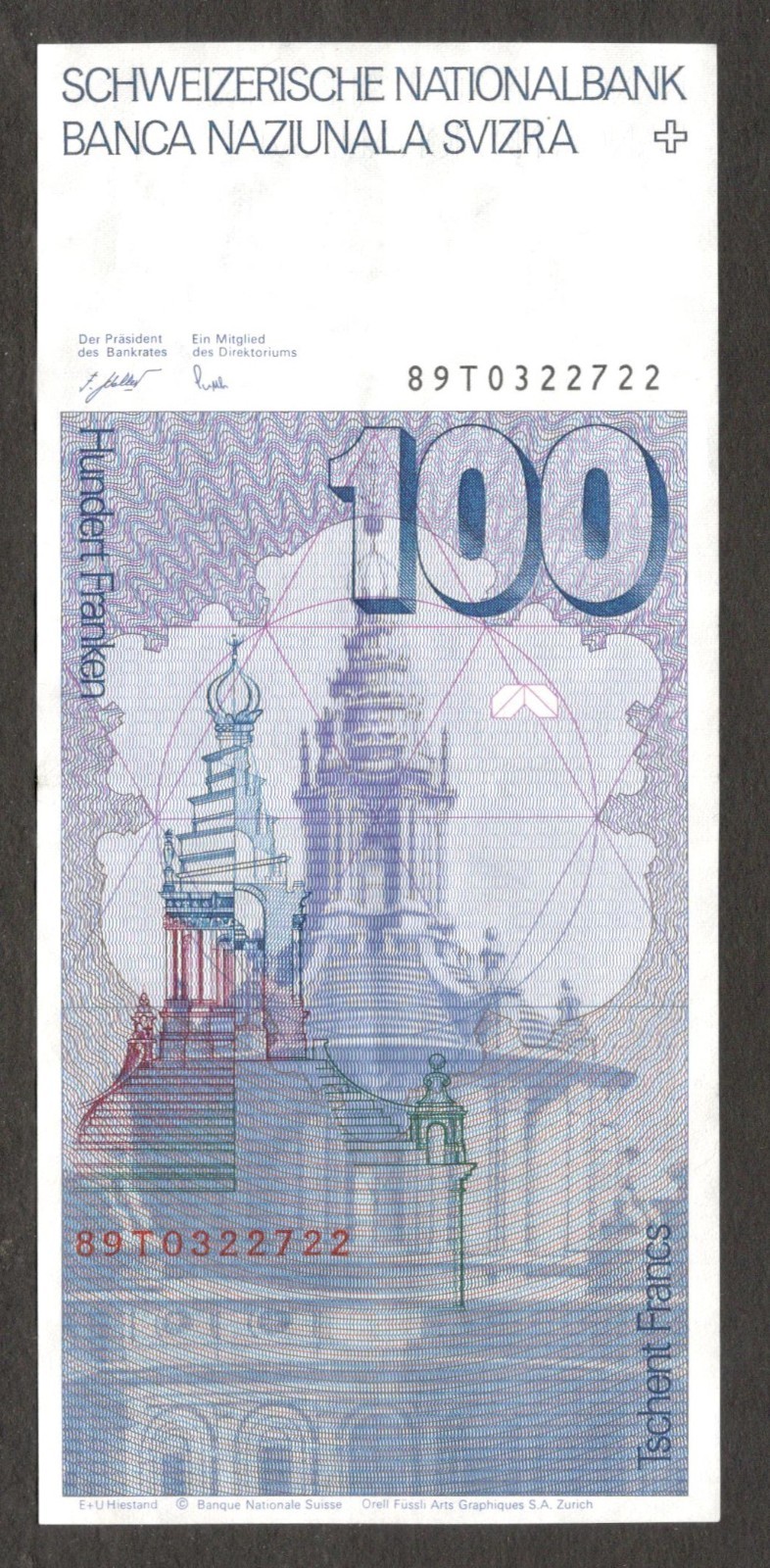 Switzerland Swiss 100 Francs Franken F. Schaller & Lusser P-57i(1) 1989 XF Crisp - Image 2