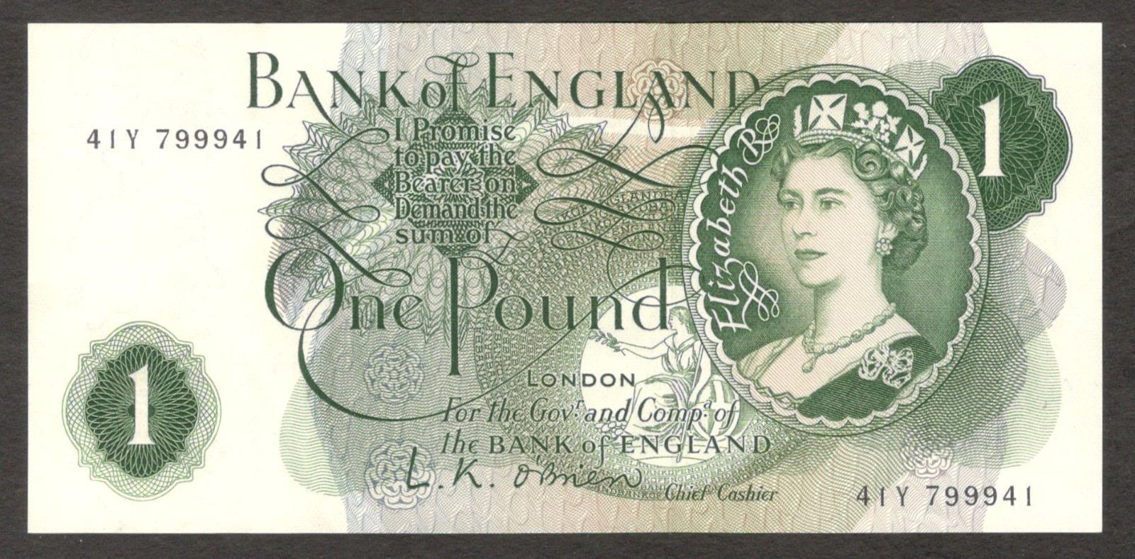 England Bank of 1 Pound QE II L. K. O'Brien P-374a 1960-61 aUNC