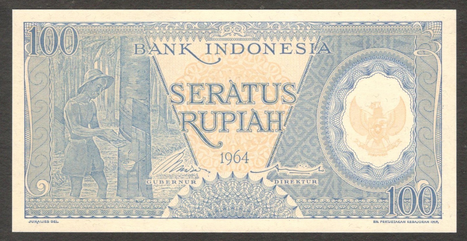 Indonesia 100 Rupiah Rubber Worker Blue P-98 1964 UNC