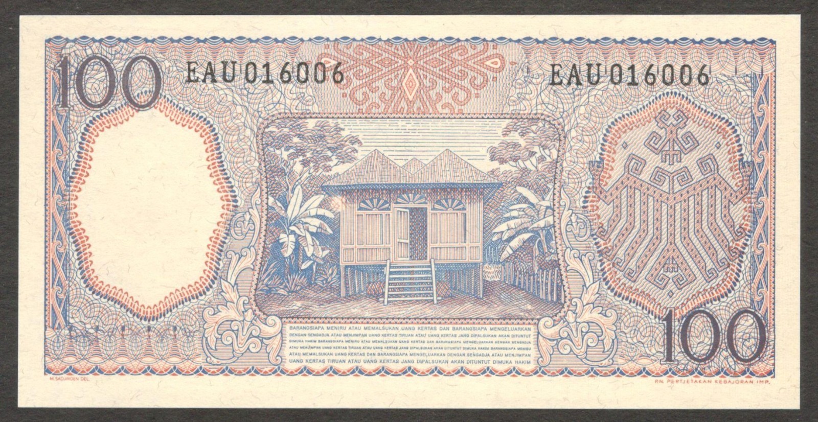 Indonesia 100 Rupiah Rubber Worker Blue P-98 1964 UNC - Image 2