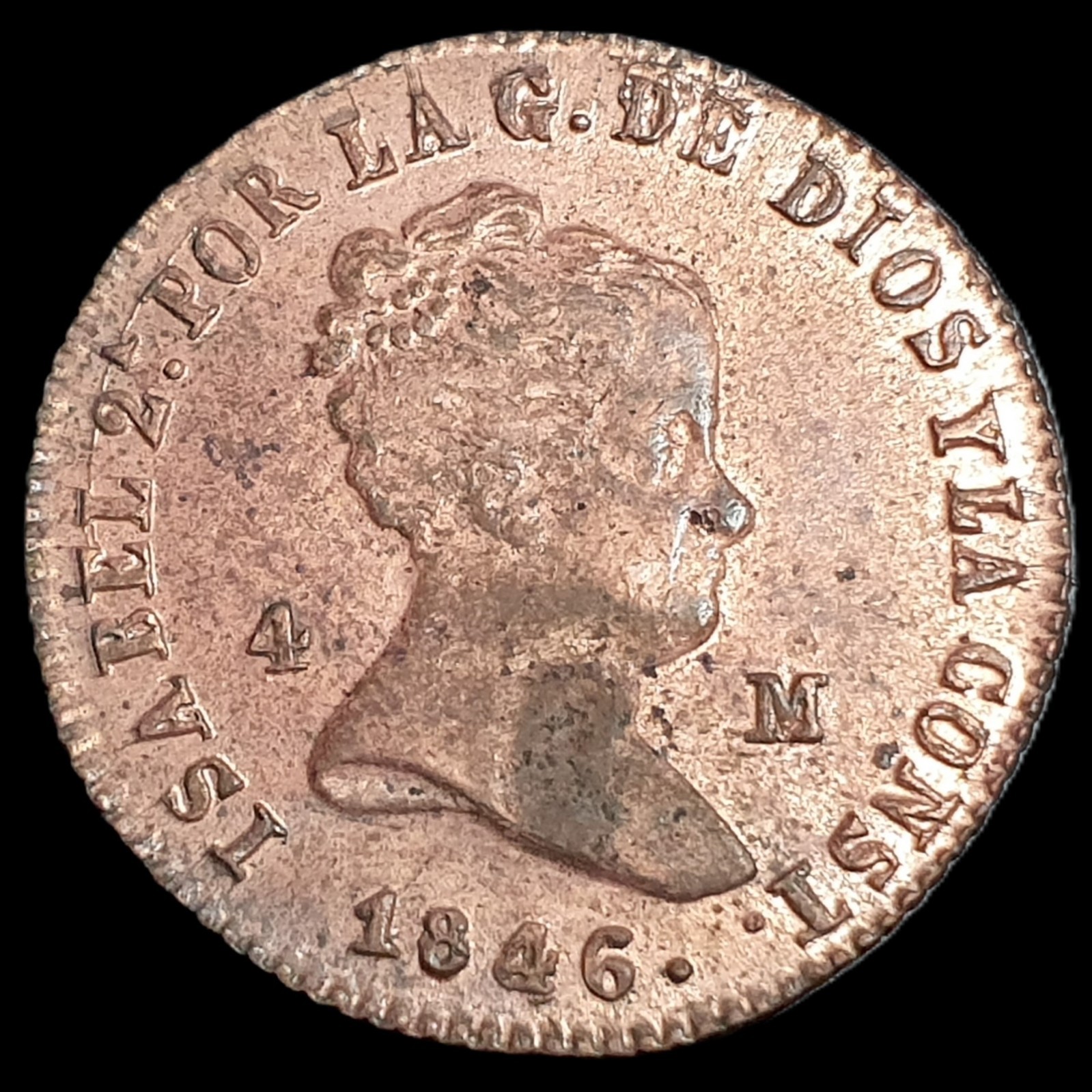 Spain 4 Maravedis Isabel II 1846 JA aUNC Sharp Detail Original Luster