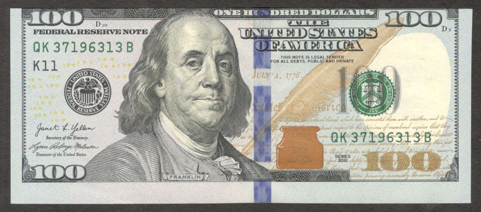 United States ERROR Extreme Off Center $100 100 Dollars 2021 UNC