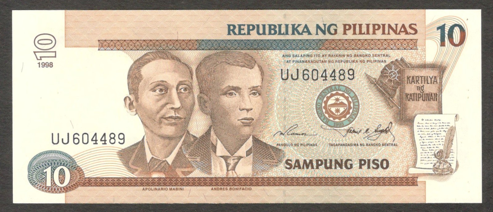 Philippines 10 Piso Pesos Two Portraits Wmk Black Serial P-187c 1998 UNC