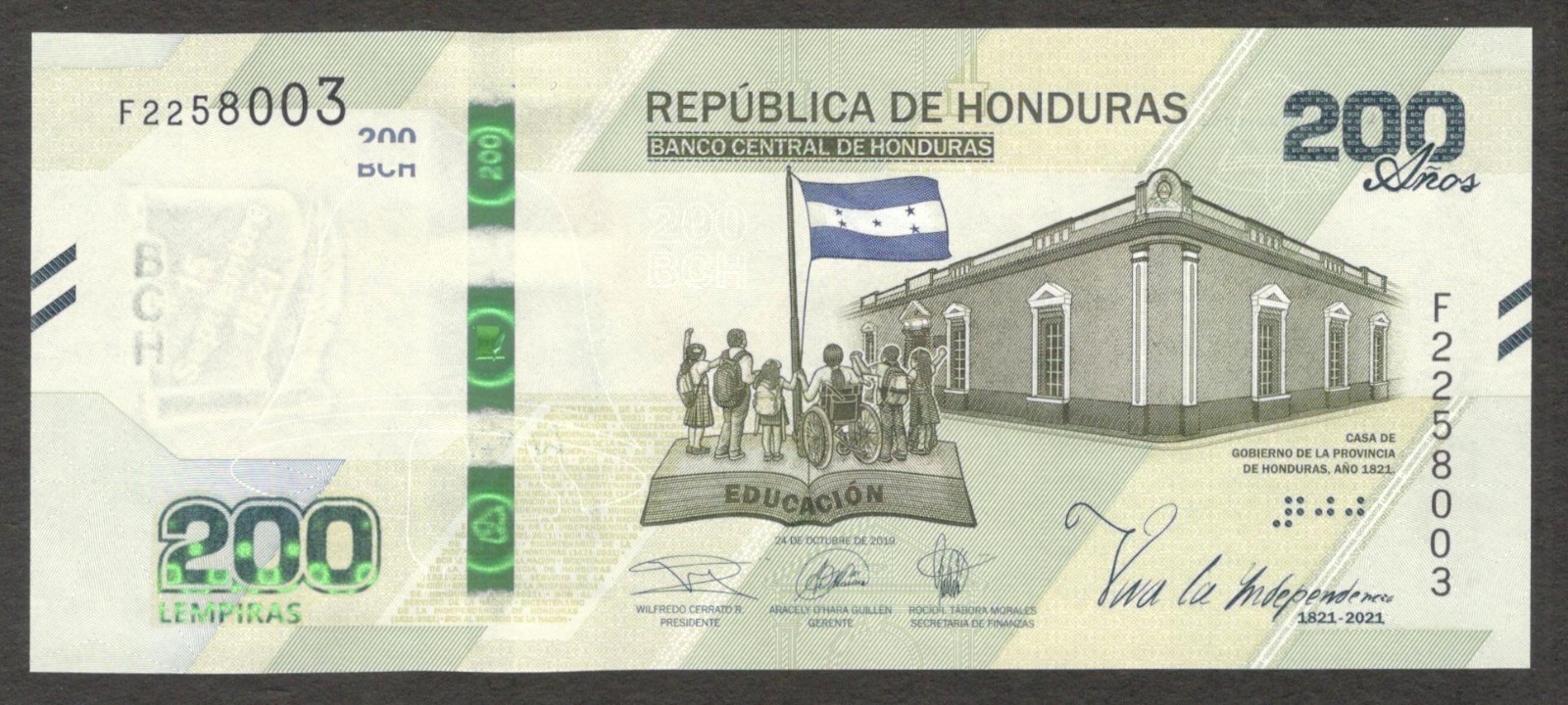 Honduras 200 Lempiras 200th Independence Commemorative P-105 2019 2021 UNC