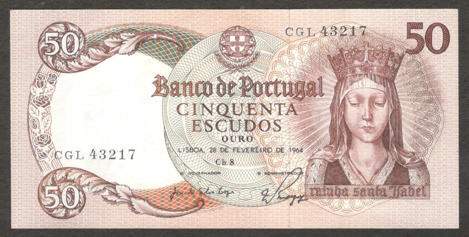 Portugal 50 Escudos Santa Isabel Jose da Silva & Waldemar Pego P-168(8) 1964 UNC